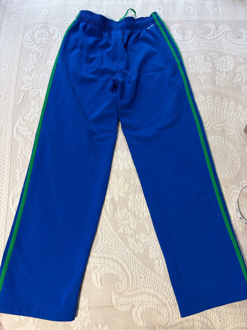 Adidas Youth Large Blue Track Pants with Green Side Stripe climawarm